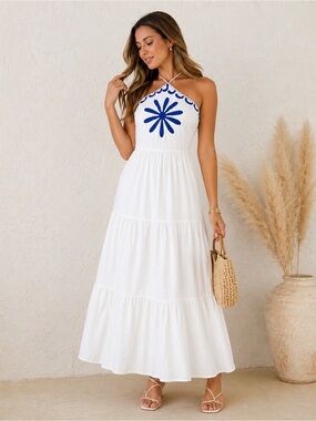 White Maxi Halter Dress with Blue Floral Detail
